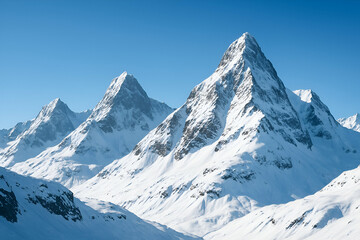 Majestic snowy mountains under clear blue sky.