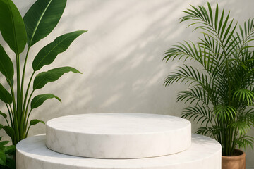 Minimalist plant display with a marble pedestal.
