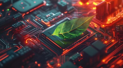 A vibrant green leaf rests atop a glowing central processing unit embedded within a complex, illuminated circuit board, suggesting a fusion of nature and technology