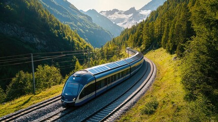 Scenic mountain train journey through lush green valleys.