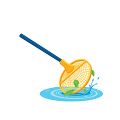 Pool cleaning net scooping leaves from water, summer maintenance