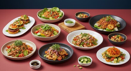 Delicious Asian Fusion Cuisine - A vibrant spread of Asian-inspired dishes, showcasing a variety of noodles, salads, and mini-burgers. Perfect for menus or food blogs