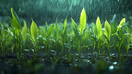 Green plants growing in a field under heavy rain. Water droplets are visible.