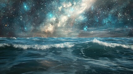 Naklejka premium Ocean waves beneath a starry, galactic sky.