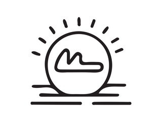 Simple line art icon of a factory at sunset over the ocean.