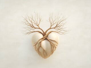 Surreal heart shaped like a tree with roots
