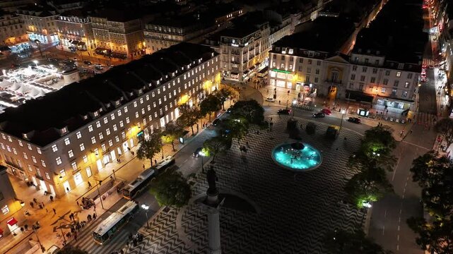 Dom Pedro Iv Square At Lisbon Lisbon District Portugal. Beautifully Designed Park Adorned With Lush Greenery. Night Highway Road Downtown Cityscape. Night Downtown Famous. Lisbon Lisbon District.