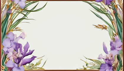 Naklejka premium Art Nouveau floral frame with purple irises and golden grass on white background 