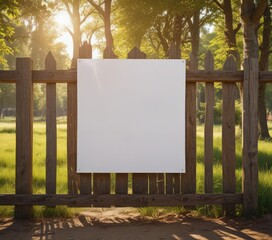 Fototapeta premium Blank poster mock-up on rustic wooden fence, sunny park setting , summer, graphic