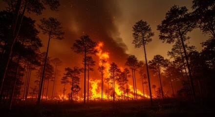 Obraz premium Forest Fire at Night - Intense wildfire raging through a pine forest at night, flames illuminating the silhouettes of trees against a dark sky