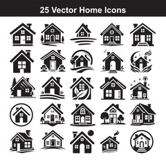 Set of 25 minimalist vector home icons on white background