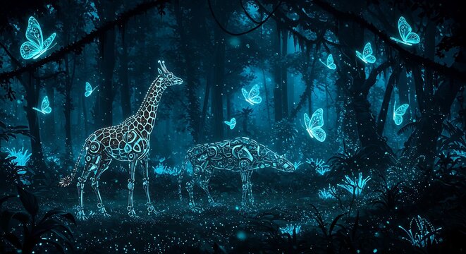 Fantasy forest scene glowing animals and butterflies night