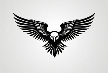 Obraz premium Eagle in Silhouette: A bold black eagle in silhouette with wings outspread, captured in an artistic rendition, against a pale background, signifying freedom and strength. Ai generated image