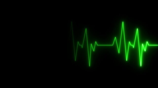 Glowing green, red, blue electrocardiogram animation. Futuristic heart rate pulse waveform on black background. Loopable medical heartbeat signal motion for health, tech, or emergency scenes.