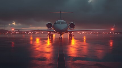 Stunning private jet parked gracefully on a modern runway at dusk, bathed in the ambiance of glowing tarmac lights beneath an expressive sky