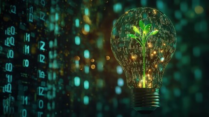 Green energy lightbulb with plant inside representing sustainable technology solutions and future innovation in business isolated on blurred background with numbers
