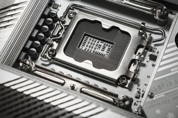 High-resolution macro image showing a close-up view of an empty CPU socket on a modern computer motherboard. Detailed view of metal contacts and electronic components.