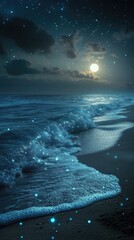 Night ocean waves, moonlit beach, starry sky.