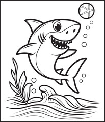 Obraz premium Cute shark playing with ball black line art vector illustration for children coloring page or book design