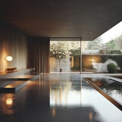 Fototapeta premium Modern indoor space with smooth concrete floor and large windows revealing a serene garden during a rainy day