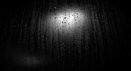 Obraz premium Monochromatic Rain Water Droplets on Glass - Abstract symbolizing mystery, reflection, isolation, tranquility, and the passage of time. A monochromatic view of raindrops on a windowpane at night