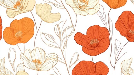 Delicate floral pattern featuring orange and cream poppy flowers on a white background
