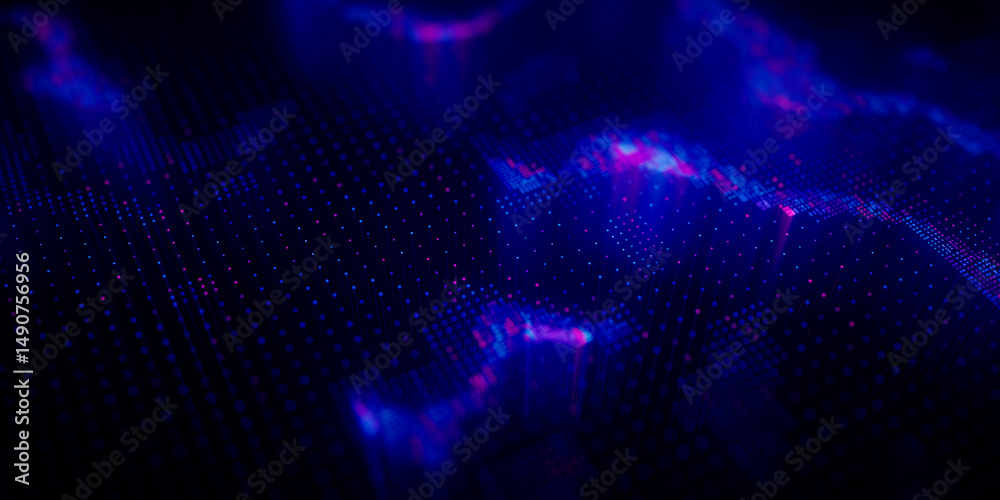Poster Big Data clusters complex graph. Quantum computing patterns. Cyber space of AI technology neural connections. Futuristic graph. Digital information presentation. 