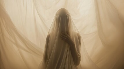 Softly veiled figure shrouded in sheer fabric.