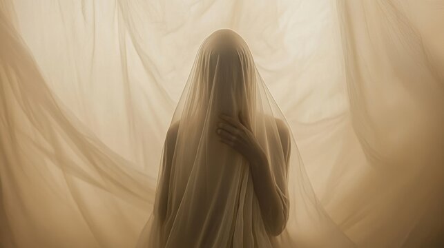 Softly veiled figure shrouded in sheer fabric.