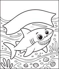 Obraz premium Cute shark in sea underwater scenery black line art vector illustration for children coloring page or book design