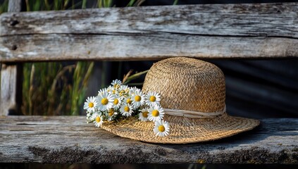 Straw hat with daisies, and rustic bench.