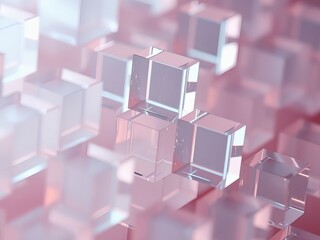 Subtle light refracts through translucent geometric cubes on a soft, dreamlike pastel gradient background, creating a serene and visually captivating abstract texture.