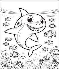 Obraz premium Cute shark in sea underwater scenery black line art vector illustration for children coloring page or book design