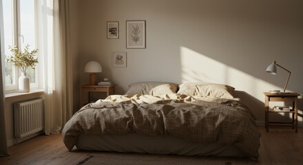 Serene Minimalist Bedroom with Natural Light - Peaceful minimalist bedroom design, featuring textured bedding, natural light streaming through a window, and simple decor. Symbolising calmness