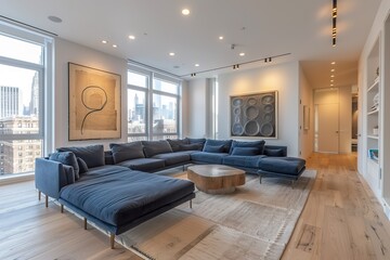 A modern fabric sectional in dark blue, with a chaise lounge on one end and sleek chrome legs, surrounded by minimalist decor and natural lighting 