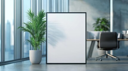 Fototapeta premium Modern office lounge featuring an empty poster, natural daylight flooding in, complemented by a sleek armchair and vibrant greenery for a refreshing atmosphere