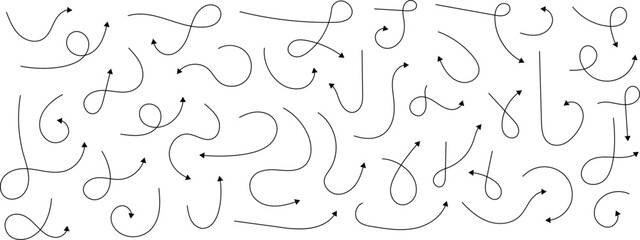Obraz premium Hand drawn arrows. Hand drawn freehand different curved lines, swirls arrows. Curved arrow line. Doodle, sketch style. Isolated Vector illustration.