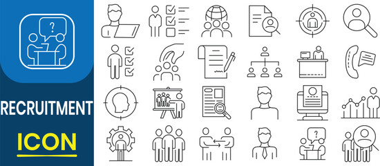 Recruitment web icon set. Recruitment icon vector set. Containing job search, interview, job fair, screening, short listed, employee, resume, work group, candidate, job hiring. Vector illustration.