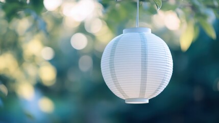 Paper Lantern Hanging from a Tree Branch in a Garden Setting with Gentle Sunlight Creating a Serene Atmosphere Outdoors
