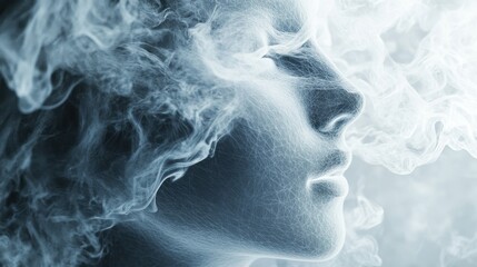 Woman's Face Surrounded by Smoke Representing Mystery Introspection and Transformation in Conceptual Digital Art and Spiritual Imagery