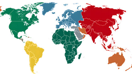 Colorful world map highlighting various regions, showcasing a blend of green, blue, red, and yellow hues.
