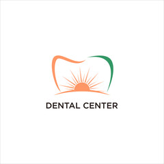 Fototapeta premium Playful Dental Logo with Sun and Landscape. Modern Minimalist Tooth Icon for Clinic Branding. Creative Oral Care Symbol for Dentist, Smile, Hygiene, Implant, and Healthy Treatment Vector Template