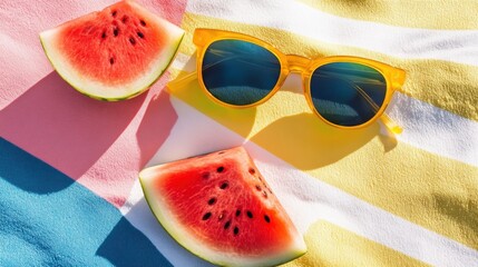 Summer Vibes Watermelon Slices and Yellow Sunglasses on Colorful Beach Towel for Refreshing Vacation Concept and Sunny Day Relaxation