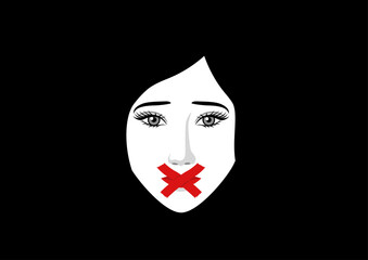 Minimalist vector illustration of a woman's face with red tape forming an X over her mouth. Symbolizing censorship, silencing, gender based violence, oppression, or lack of freedom of speech.