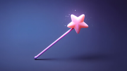 A whimsical pink magic wand with a star tip, emitting sparkles against a deep blue background.
