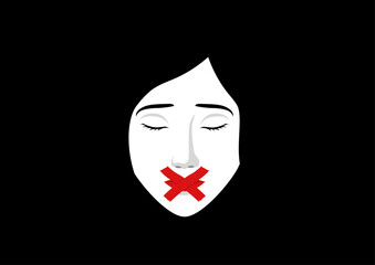 Minimalist vector illustration of a woman's face with red tape forming an X over her mouth. Symbolizing censorship, silencing, gender based violence, oppression, or lack of freedom of speech.