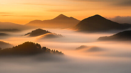 Obraz premium Mountains amidst a sea of fog at dawn, with peaks silhouetted against a warm sky. Evokes serenity and the grandeur of nature.