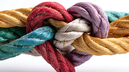 A close-up of intricately knotted multicolored ropes, showcasing vibrant hues and textures in a mesmerizing design.
