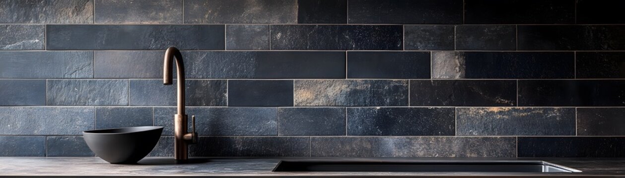 Dark gray stone tile backsplash with copper faucet