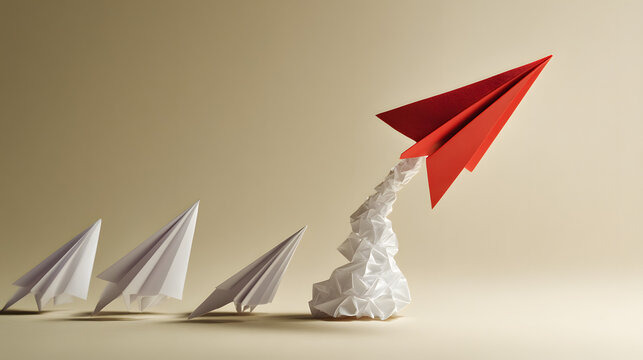 A striking red paper airplane takes flight, leaving behind crumpled white counterparts, symbolizing creativity and innovation.